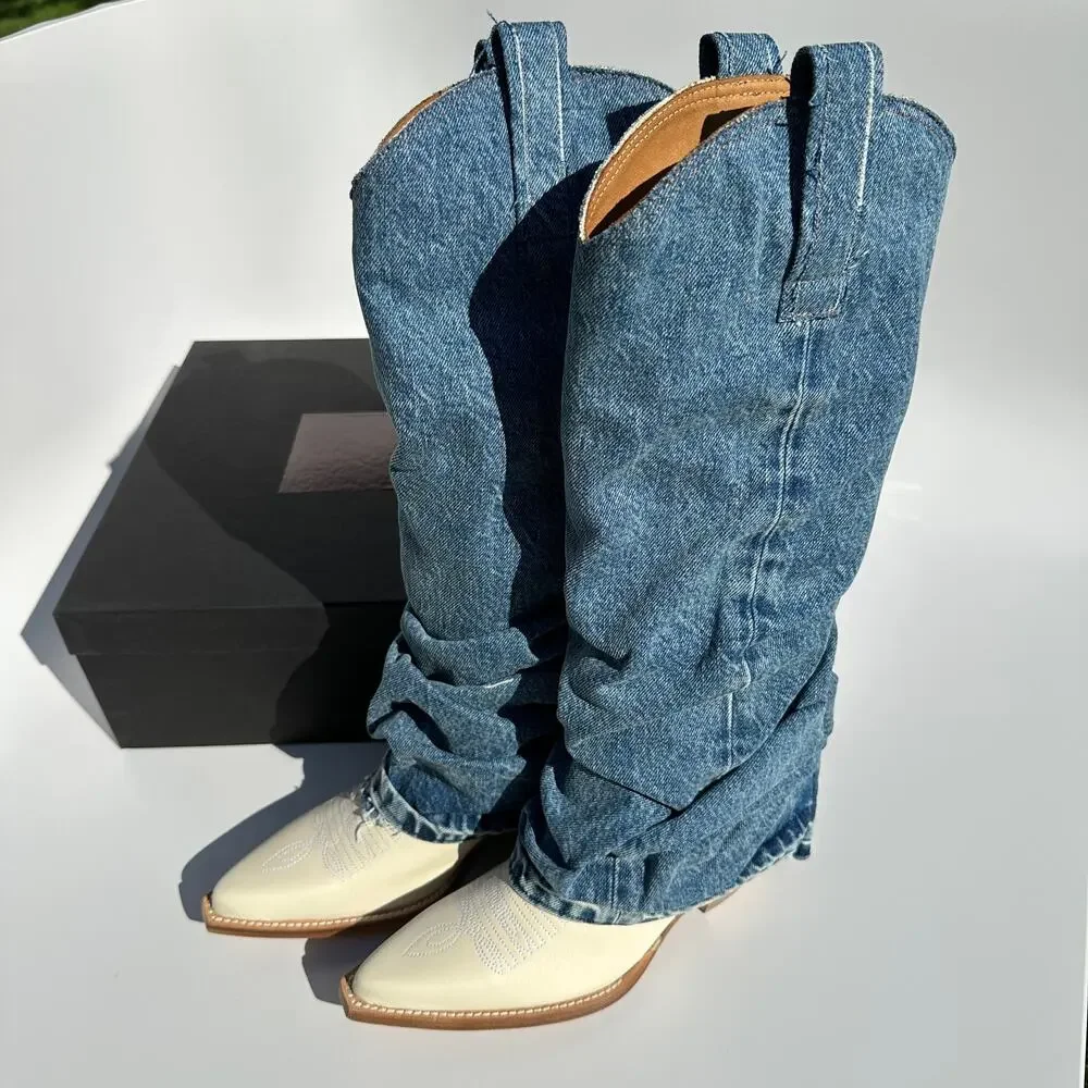 R13 Mid Cowboy Boots with Denim Sleeve Shaft Indigo Blue Ivory Size 38 NIB $1395 - Picture 3 of 16